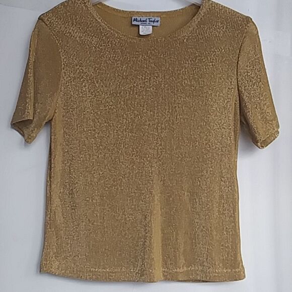 Michael Taylor Womens Vintage Metallic Gold Thread Knit Short Sleeve Shirt Small - Picture 1 of 7